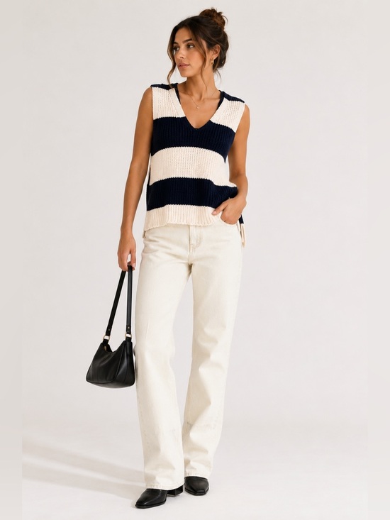 Zara Tops - ZARA Striped Knit Sweater Vest Navy Cream Sleeveless V Neck Women’s Medium